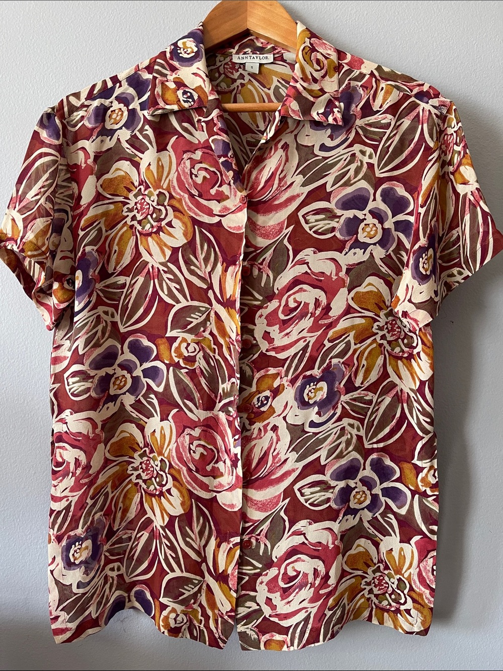 Ann Taylor vintage Silk Floral Blouse in Burgundy, Cream & Mustard